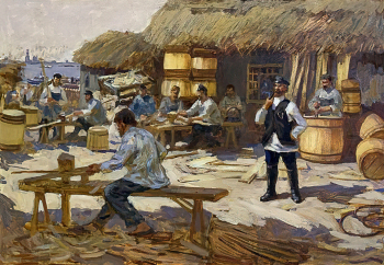 Сафаргалеев Камиль Курбанович. Бондари. Картон, масло. 50х70. 1960-е. Астраханский государственный объединенный историко-архитектурный музей-заповедник.