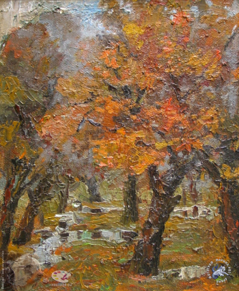 Демчев Пётр Григорьевич. Красные клёны. Картон, масло. 36х30. 1995. Частное собрание.