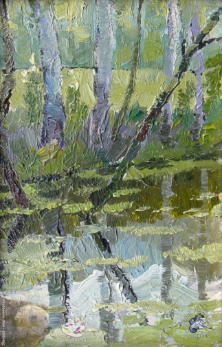 Демчев Пётр Григорьевич. Прудик. Картон, масло. 17х12. 1994. Частное собрание.