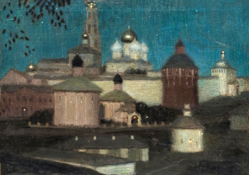 Хрустачёв Николай Иванович. Общий вид Троице-Сергиевой лавры со стороны Московской дороги. Холст, масло. 55х76,5. 1900-е. Государственный исторический музей.