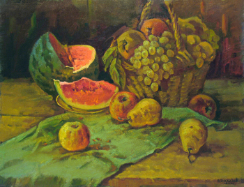 Беликов Василий Матвеевич. Натюрморт с арбузом. Холст, масло. 73х95. 1989. Собственность семьи художника.