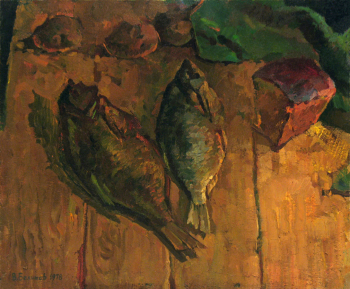 Беликов Василий Матвеевич. Натюрморт с рыбами. Холст, масло. 45х55. 1978. Собственность семьи художника.