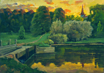 Беликов Василий Матвеевич. Плотина. Холст, масло. 45х63. 1958. Собственность семьи художника.