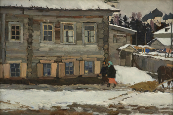 Стожаров Владимир Фёдорович. Улица Ленина. Каргополь. Картон, масло. 42,5х63. 1963. Сахалинский областной художественный музей.