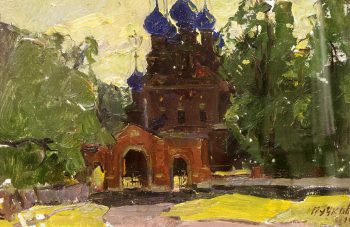 Пучков Алексей Сергеевич. Казанская церковь. Картон, масло. 20,7х28,7. 1971. Устюженский краеведческий музей.