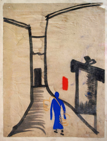 Курзин Михаил Иванович. Пейзаж с фигурой. Бумага, гуашь. 46,4х36,2. 1920-е. Омский государственный историко-краеведческий музей.