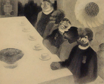 Быховский Александр Яковлевич. Чаепитие. Бумага, уголь. 32х40. 1933-1935. Государственный музей изобразительных искусств имени А.С.Пушкина.