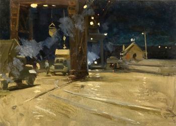 Хоменко Борис Иванович. На Братской ГЭС. Картон, масло. 49х69. 1959. Научно-исследовательский музей при Российской Академии художеств.