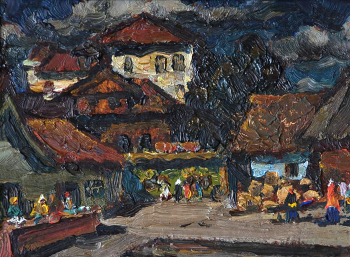 Тришин Александр Семёнович. Базар в Галиче. Картон, масло. 13,2х17,7. 1981. Новосибирский государственный художественный музей.