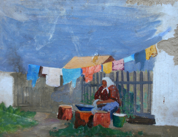 Сухих Николай Михайлович. Хозяйка дома. Картон, масло. 41х31. 1980-1990. Мамонтовский районный краеведческий музей.