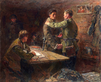Костецкий Владимир Николаевич. Партбилет. Холст, масло. 181,7х228,2. 1957. Государственная Третьяковская галерея.