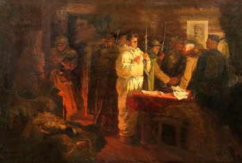 Кирсанов Николай Иванович. Вручение партбилетов на фронте. Холст, масло. 126х190. 1948. Краснодарский краевой художественный музей имени Ф.А.Коваленко.