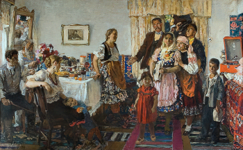 Костина Анна Фёдоровна. Гости на новоселье в новом доме молдавского колхозника. Холст, масло. 142х230. 1952. Научно-исследовательский музей при Российской Академии художеств.