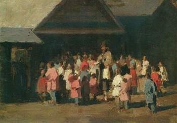 Прянишников Илларион Михайлович. Приход офени на село. Этюд. Холст, масло. 15х22. 1870-е. Государственный музей истории российской литературы имени В.И.Даля.