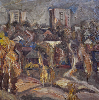 Ростовский Игорь Игнатьевич. Городские окраины, Александров. Холст, масло. 41х43. Конец 20 века. Александровский художественно-краеведческий музей.