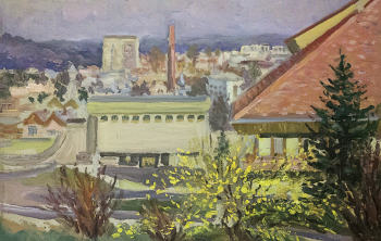 Яхругин Владимир Анатольевич. Окраина города Александров. Картон, масло. 30х46. 1982. Александровский художественно-краеведческий музей.