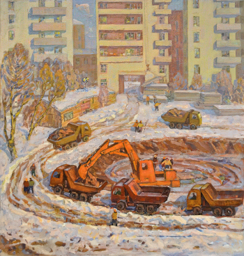 Тихомиров Евгений Георгиевич. Электросталь строится. Холст, масло. 147х141. 1961. Музейно-выставочный центр (Электросталь).