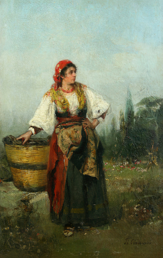 Сведомский Павел Александрович. Женщина с корзиной. Доска, масло. 35,5х23. 19 век. Омский областной музей изобразительных искусств имени М.А.Врубеля.