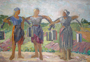 Ульянов Николай Павлович. Женщины с коромыслами. Картон, масло. 48х71. 1930. Государственный историко-художественный музей Новый Иерусалим.