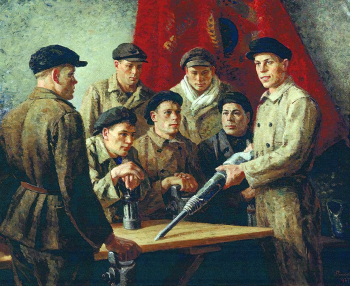 Ряжский Георгий Георгиевич. Перед сменой. Бригада А.Г.Стаханова. Холст, масло. 149х184,5. 1937. Екатеринбургский музей изобразительных искусств.