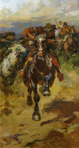 Самокиш Николай Семёнович. Батальная сцена. Погоня. Холст, масло. 114х59,7. Начало 20 века. Ярославский художественный музей.