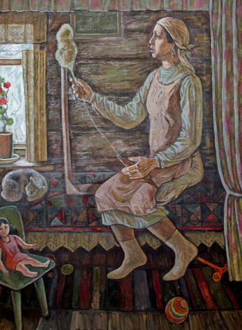 Губайдуллин Газиз Гильмутдинович. За пряжей. Холст, масло. 102х135. 2014. Национальный музей Республики Татарстан.