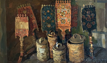 Прохоров Константин Александрович. Вологодские прялки и туеса. Холст, масло. 77х125. 1965. Российская государственная художественная галерея (Севастополь).