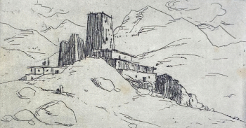 Хохов Аслан-Гирей Знаурович. Умолкшие башни. Бумага, офорт. 16х26,5. 1940-1960. Национальный музей Республики Северная Осетия-Алания.