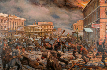 Лисснер Эрнст Эрнестович. Бой у Никитских ворот в октябрьские дни 1917 года. Фанера, масло. 79,5х120. 1938-1939. Музейное объединение `Музей Москвы`.