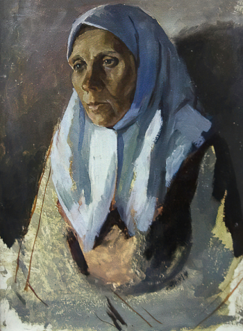 Постнов Алексей Иванович. Женщина в белом платке. Картон, масло. 36х27. 20 век. Пензенская областная картинная галерея имени К.А.Савицкого.