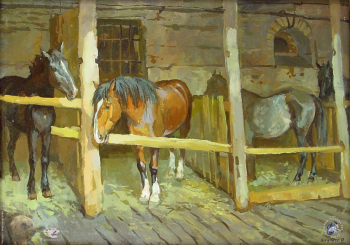 Алёшина Нонна Владимировна. В конюшне. Холст, масло. 86х47. 1999. Авторское собрание.