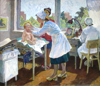 Корниенко Надежда Константиновна. На приеме у детского врача. Холст, масло. 138х162. 1977. Вятскополянский исторический музей.