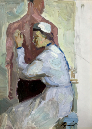 Коржев (Чувелёв) Гелий Михайлович. У врача. Картон, масло. 34,7х25. 1972. Российская государственная художественная галерея.