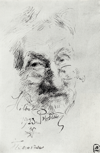 Репин Илья Ефимович. Автопортрет. Бумага, чернила. 13х8,0. 1923. Государственный Русский музей.