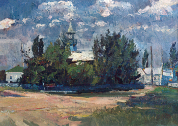 Абдрашитов Шавкет Сейфулович. Мечеть села Малые Чапурники. Картон, масло. 50х69. 1987. Государственный музей изобразительных искусств Республики Татарстан.