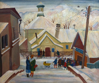 Рощин Алексей Алексеевич. В Мстёре. Картон, темпера. 60х70. 1993. Картинная галерея (Балашиха).