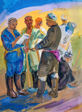 Абдуллаев Лутфулла Абдуллаевич. Конец рабочего дня. Бумага, гуашь. 84,7х62. 1936. Государственный музей искусства народов Востока.