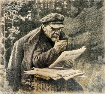 Бондар Сергей Михайлович. Ленин в Разливе. Бумага, литография. 32х36. 20 век. Государственный исторический музей-заповедник `Горки Ленинские`.