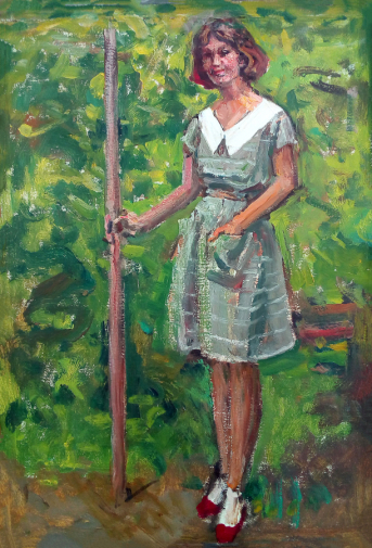 Алтаев Илья Хабич. Девушка на фоне зелени. Картон, масло. 71х48. 1988. Сосново-Озерский музей имени Ц.С.Сампилова.
