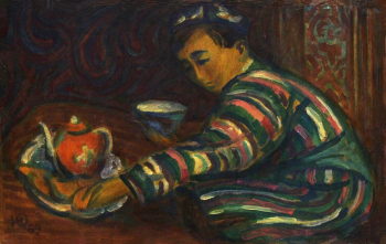 Иванов Юрий Петрович. Мальчик-узбек с пиалой. Картон, масло. 50х79,5. 1969. Мытищинская галерея искусств.