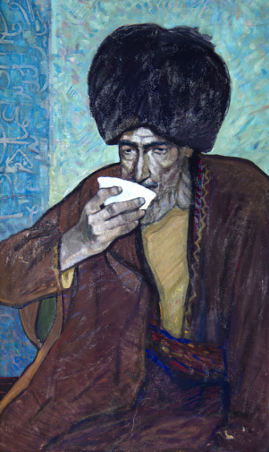Рыбнов Николай Фёдорович. Старик с пиалой. Картон, темпера. 91х55. До 1977 года. Ставропольский краевой музей изобразительных искусств.