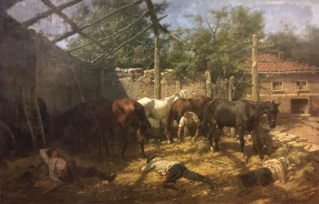 Ковалевский Павел Осипович. Кавалеристы на привале. Холст, масло. 45х72. 1884. Тамбовская областная картинная галерея.