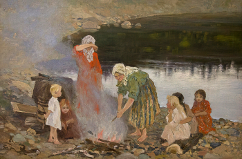 Вахрушов Феодосий Михайлович. Бученье белья на Кокшеньге. Холст на фанере, масло. 38,5х58,5. 1906-1920. Тотемское музейное объединение.