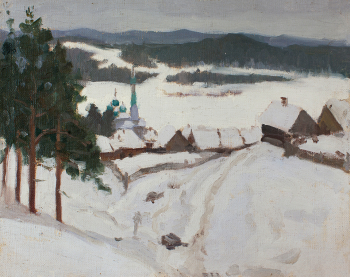 Фокин Николай Михайлович. Зимний пейзаж. Холст на картоне, масло. 29х35,5. Конец 19 или начало 20 века. Башкирский государственный художественный музей имени М.В.Нестерова.