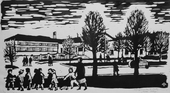 Трофимова Анна Александровна. Луга Новая. Бумага, линогравюра. 28х52. 1964. Соликамский краеведческий музей.