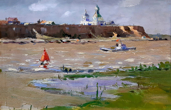 Иноземцев Константин Денисович. Чёрный Яр, Волга, Астраханская область. Картон, масло. 28,2х41,6. 1950-е. Частное собрание.