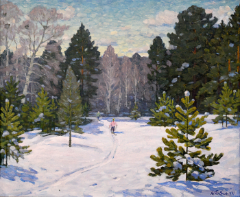 Годин Николай Александрович. Пейзаж с лыжницей. Холст, масло. 57х68. 1993. Курганский областной художественный музей имени Г.А.Травникова.