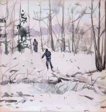 Евдокименков Николай В. Лыжники. Бумага, карандаш, акварель. 17,5х16,8. 1930-е. Музей истории города Обнинска.