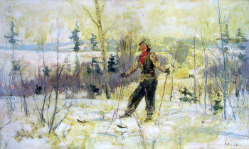 Ромадин Николай Михайлович. Лыжница. Картон, масло. 38,5х64. 1948. Астраханская государственная картинная галерея имени П.М.Догадина.