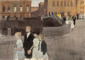 Подлясская Лидия Петровна. Выпускники. Серия `Семнадцатилетие`. Бумага, акварель. 42,5х61. 1964. Калининградский областной музей изобразительных искусств.